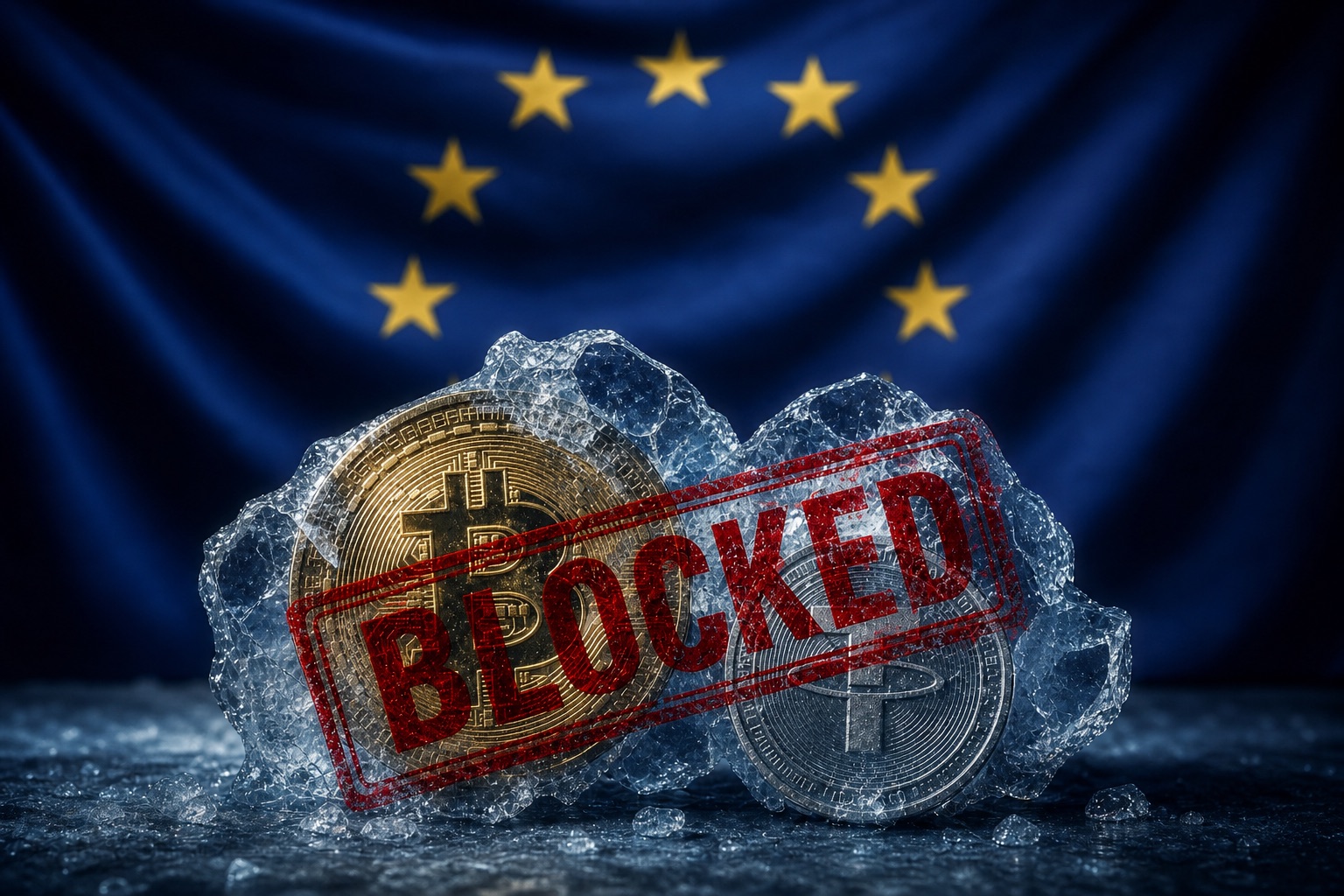 Биткоин и USDT во льду со штампом BLOCKED на фоне флага ЕС — возможные санкции ЕС против криптобирж